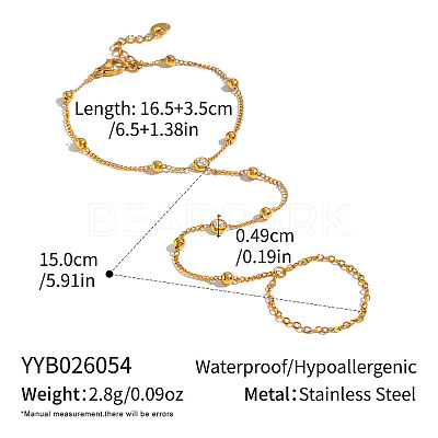 304 Stainless Steel Pave Clear Cubic Zirconia Flat Round Hand Chain Finger Ring Bracelets for Women OK9358-1