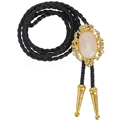 Natural Rose Quartz  with PU Leather Lariat Necklace NJEW-WH20010-02D-1