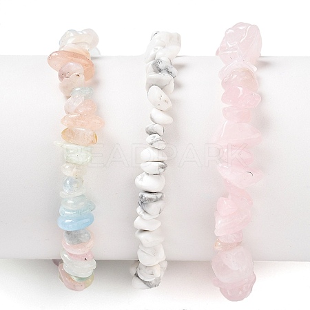 Chips Natural Rose Quartz & Morganite & Howlite Beaded Stretch Bracelets Sets BJEW-JB05332-04-1