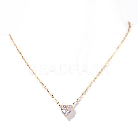 Stainless Steel Pave Cubic Zirconia Heart Pendant Cable Chain Necklaces for Women PW-WG05D07-04-1