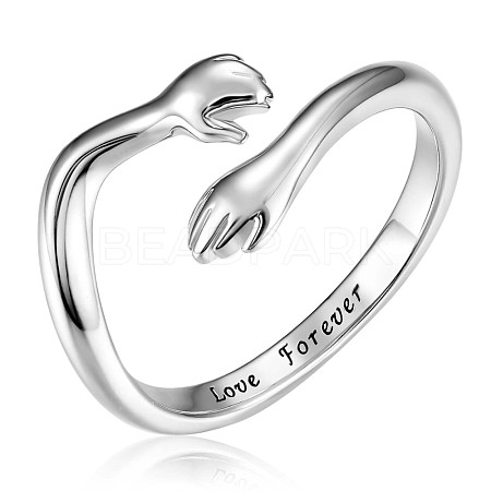 Anti-Tarnish Rhodium Plated 925 Sterling Silver Hug Hands Open Cuff Ring with Love Forever for Women JR860A-1