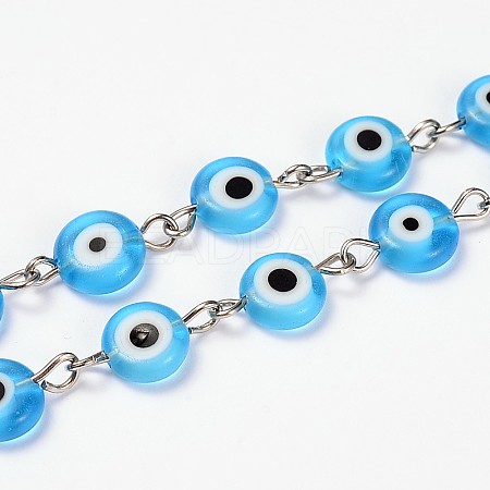 Handmade Lampwork Flat Round Evil Eye Beads Chains for Necklaces Bracelets Making AJEW-JB00110-02-1