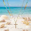 Summer Beach Rainbow Natural Mixed Stone and White Shell Heart Beaded Double Layer Necklaces with Stainless Steel Religion Cross Pendant EX6128-1-2