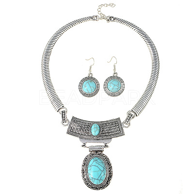 Oval Synthetic Turquoise Pendant Necklaces & Dangle Earrings Sets. Alloy Jewelry Sets FS-WGD3387-01-1