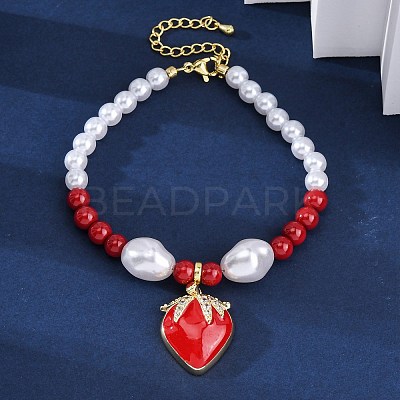 Strawberry Brass Micro Pave Clear Cubic Zirconia Charm Bracelets BJEW-G740-04G-1