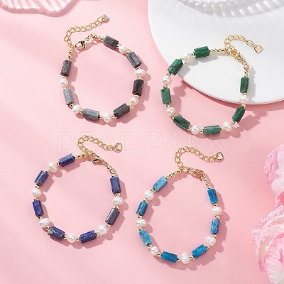 Natural Lapis Lazuli/Natural Apatite/Natural Hawk's Eye/Natural Emerald Column Beaded Bracelets for Women BJEW-JB13115-1