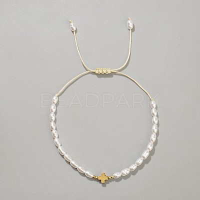 Synthetic Non-magnetic Hematite Cross Imitation Pearl Beaded Braided Bracelets for Women DB0694-5-1