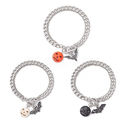 3Pcs 3 Colors Halloween Alloy Enamel Bat and Dyed Synthetic Turquoise Pumpkin Charm 304 Stainless Steel Bracelet Sets BJEW-JB12446-1