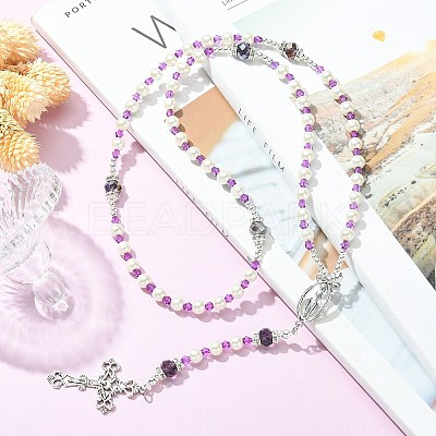 Glass Pearl Rosary Bead Necklace NJEW-TA00082-03-1