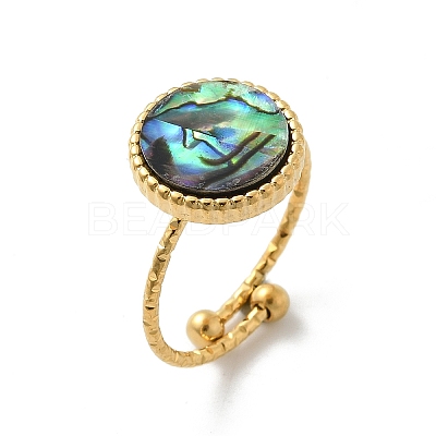 Flat Round 304 Stainless Steel Paua Shell Cuff Rings for Women RJEW-G346-10G-01-1