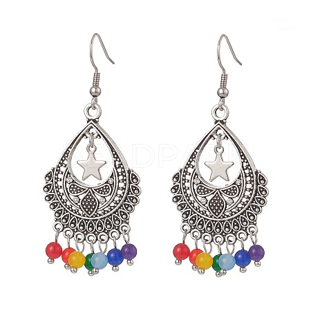 Dyed Natural Malaysia Round Beaded Alloy Teardrop Chandelier Earrings EJEW-JE05205-1
