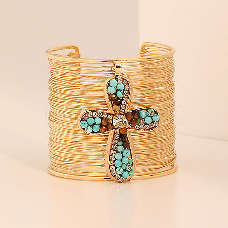 Alloy & Synthetic Turquoise & Natural Tiger Eye Beads Cuff Bangles FS-WGA88C7-01-1