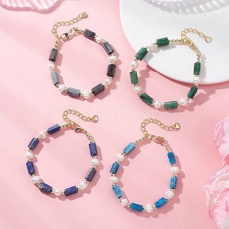 Natural Lapis Lazuli/Natural Apatite/Natural Hawk's Eye/Natural Emerald Column Beaded Bracelets for Women BJEW-JB13115-1