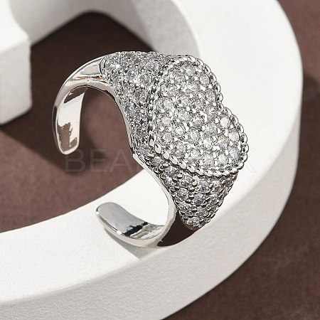 Heart Brass Micro Pave Cubic Zirconia Cuff Rings for Women RJEW-A069-11P-01-1