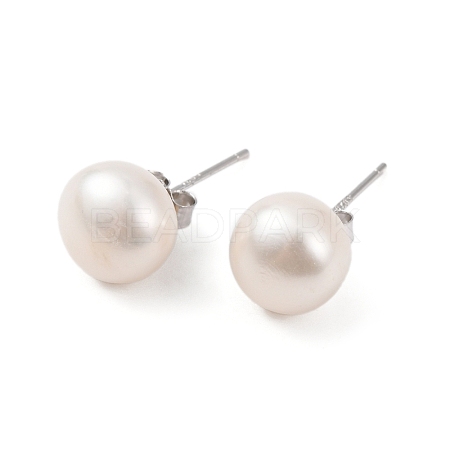 Natural Pearl Round Bead Stud Earrings EJEW-E298-01F-01P-1