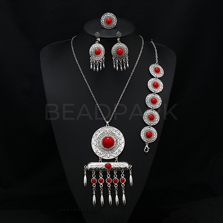 Flat Round Alloy with Resin Pendant Necklace & Stud Dangle Earring & Link Bracelet & Ring FS-WGB1F06-11-1