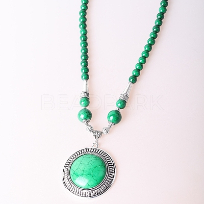 Vintage Alloy with Dyed Synthetic Turquoise Bohemian Flat Round Pendant Round Beaded Necklaces for Women DH5504-4-1