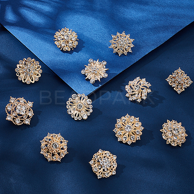 12Pcs Flower Alloy Rhinestone Brooches for Clothes JEWB-WH0020-073G-1