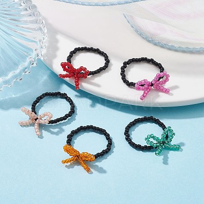 Glass Seed Beaded Bowknot Stretch Finger Rings RJEW-MZ00012-1