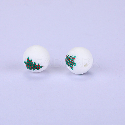 Christmas Printed Round with Christmas Tree Pattern Silicone Focal Beads LS-SI-JX0056A-120-1