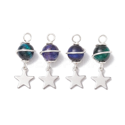 4Pcs 4 Colors Natural Tiger Eye(Dyed & Heated) Round Pendants PALLOY-TA00143-1