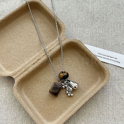 304 Stainless Steel & Natural Tiger Eye Beads Pendant Long Necklaces WGA14F7-05-1