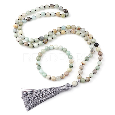 Natural Amazonite Round Beaded Pendant Necklaces & Bracelets Sets FS-WG9D102-26-1