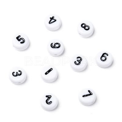 Mix Numbers White Flat Round Acrylic Beads X-PB9111-1
