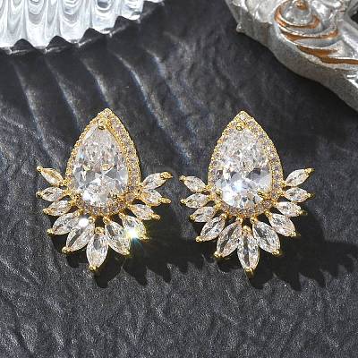 Brass & Clear Teardrop Cubic Zirconia Stud Earrings with Marquise Accents for Women KK-CBA36A2-12G-1