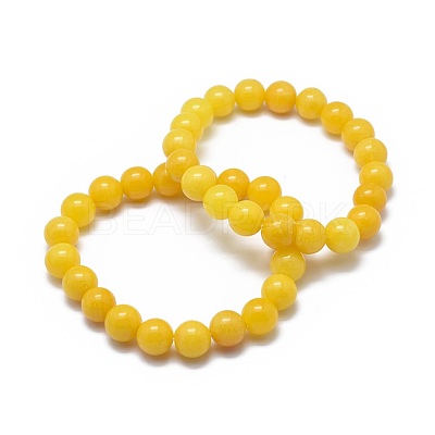 Natural Yellow Jade Bead Stretch Bracelets X-BJEW-K212-C-038-1