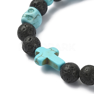 Dyed Natural & Synthetic Mixed Gemstone Skull & Cross Beaded Stretch Bracelets BJEW-TA00272-02-1