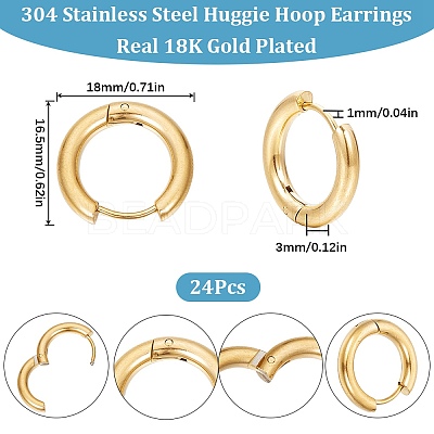 12 Pairs 202 Stainless Steel Huggie Hoop Earrings with 316 Surgical Stainless Steel Pins EJEW-SC0001-40G-1