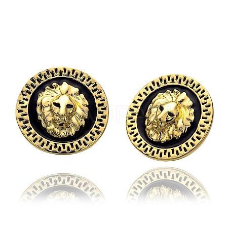 Real 18K Gold Plated Flat Round with Lion Head Tin Alloy Stud Earrings EJEW-BB09639-G-1
