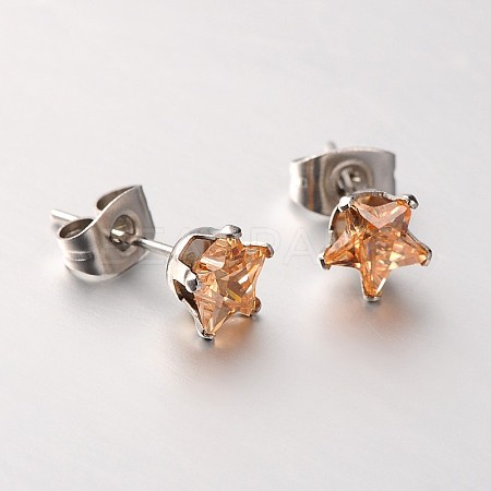 Lady's 304 Stainless Steel Pave Cubic Zirconia Star Ear Studs X-EJEW-L094-8mm-05-1