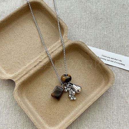 304 Stainless Steel & Natural Tiger Eye Beads Pendant Long Necklaces WGA14F7-05-1