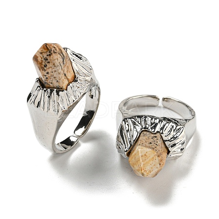 Hexagonal Prism Natural Picture Jasper Open Cuff Rings RJEW-B106-01P-08-1