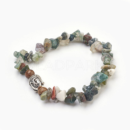 Natural Indian Agate and Wood Beads Stretch Bracelets BJEW-JB03859-06-1