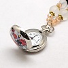 Mixed Styles Long Black Glass Beaded Openable Printed Porcelain Alloy Quartz Pocket Watch Flat Round Pendant Necklaces WACH-M037-M-4