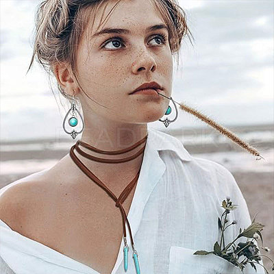 Alloy & Synthetic Turquoise Earrings & Leather Cord Necklaces Sets FS-WG48C4B-03-1