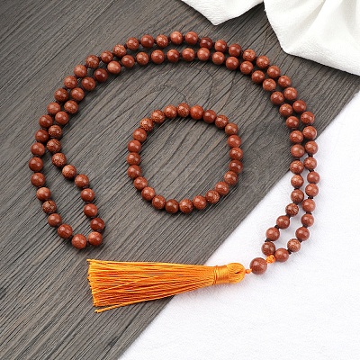Synthetic Goldstone Round Beaded Pendant Necklaces & Bracelets Sets FS-WG9D102-24-1