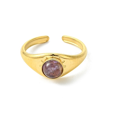 Natural Gemstone Sun 304 Stainless Steel Cuff Open Rings for Women RJEW-JR01065-1