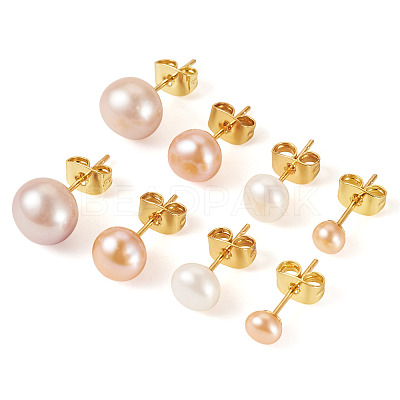 6Pcs 3 Colors Natural Cultured Freshwater Pearl Stud Earrings EJEW-TAC00027-1