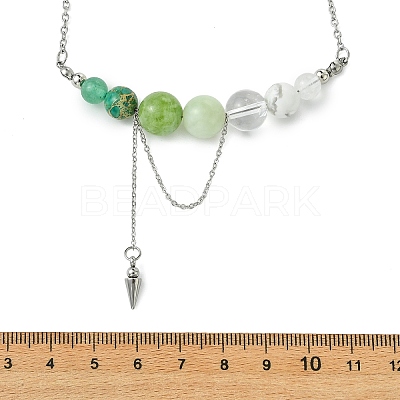 Natural Green Aventurine & Quartz Crystal & Dyed Imperial Jasper & New Jade Round Graduated Beaded Pendant 304 Stainless Steel Cable Chain Necklaces for Women NJEW-TA00242-03-1