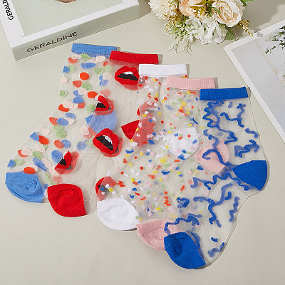 5 Pairs 5 Styles Nylon Glass Silk Socks for Women AJEW-CN0004-34-1