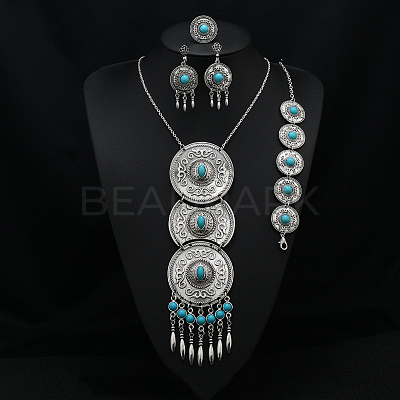 Flat Round Alloy with Resin Pendant Necklace & Stud Dangle Earring & Link Bracelet & Ring FS-WGB1F06-06-1