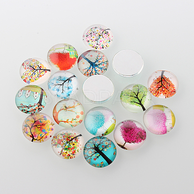 Tree of Life Printed Half Round/Dome Glass Cabochons X-GGLA-A002-14mm-GG-1