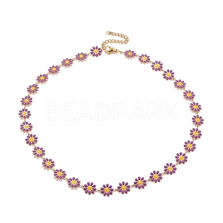Enamel Daisy Link Chain Necklace NJEW-P220-01G-02-1
