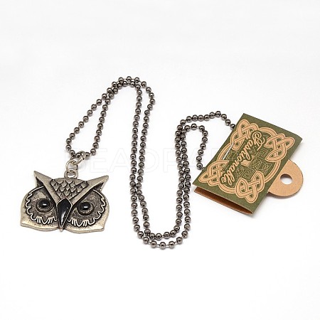 Retro Unisex Halloween Jewelry Long Brass Ball Chain Alloy Owl Head Pendant Necklaces X-NJEW-L052-23AS-1