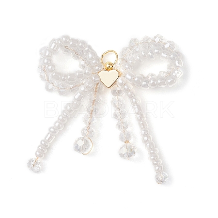 Glass Seed Beaded Bowknot with Heart Pendants PALLOY-MZ01162-02-1